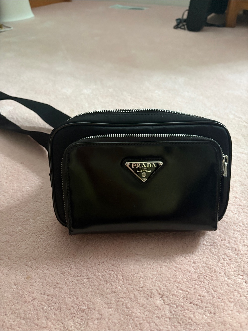 Black Patent Leather Belt Bag with Silver Hardware